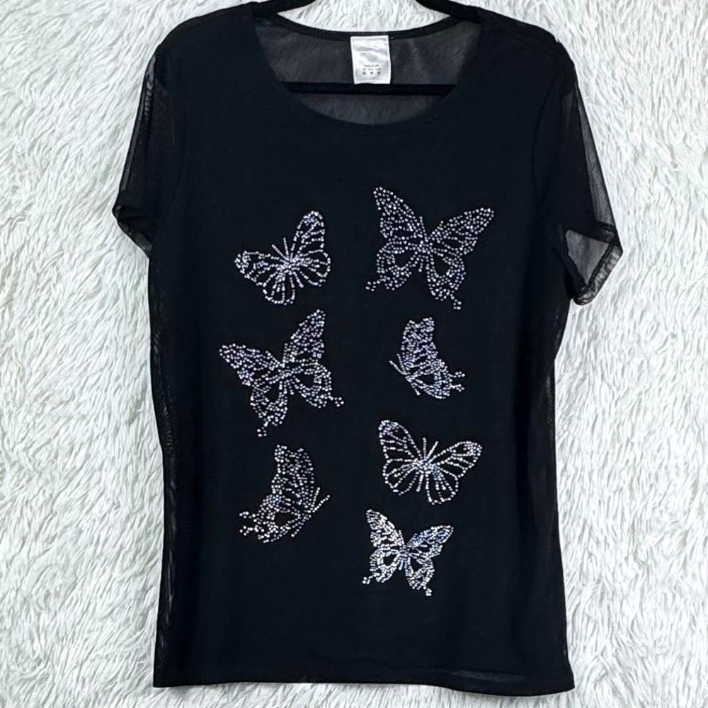 Fashion of New York Sheer Rhinestone Butterfly Mesh Top 2X